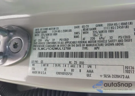 2021 Lincoln Corsair Standard из США, поврежденный, VIN 5LMCJ1C92MUL12788